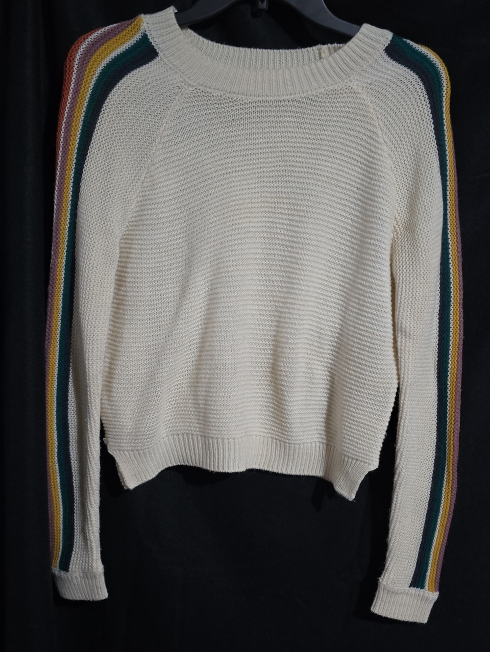 Altar'd State Cream Crewneck Sweater with Green, Yellow & Pink Sleeve Stripes